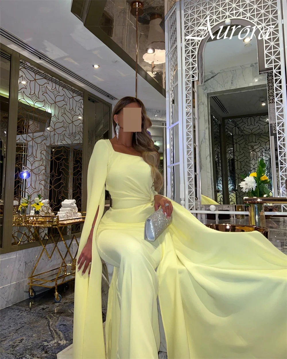 فستان سهرة شيفون أصفر فاخر مخصص فساتين المشاهير بأكمام طويلة سويب تراين فساتين مناسبة مخصصة