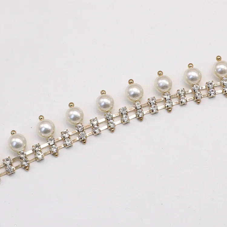 1 yard pearls rhinestones trim Ribbon crystal metal chain for dress,bag,shoes accessories