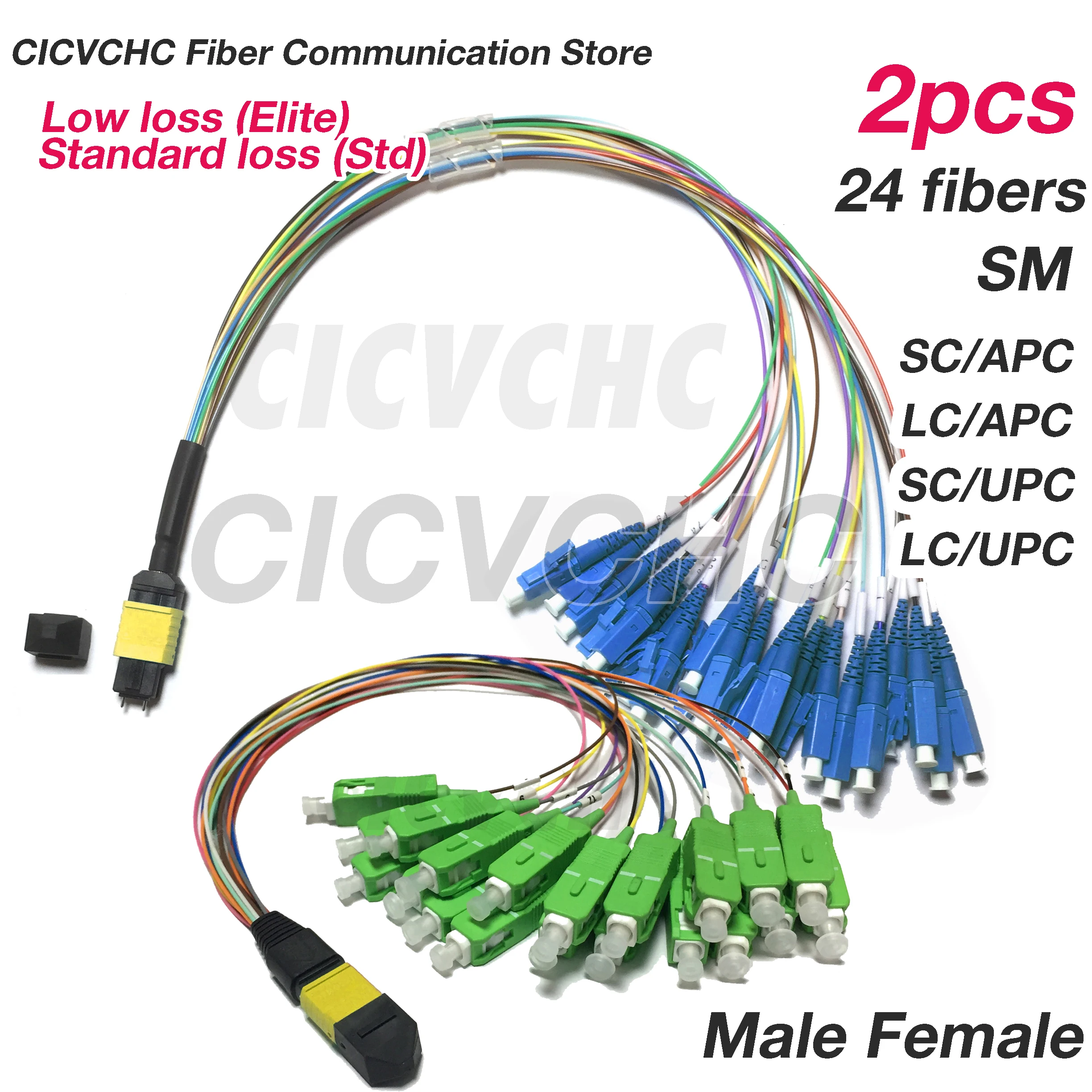 

2pcs 24 Fibers MPO/APC - SCUPC SCAPC LCUPC LCAPC-Harness cable-SM-0.35m 0.9mm colored tube-Elite/Low Loss-Male/Female