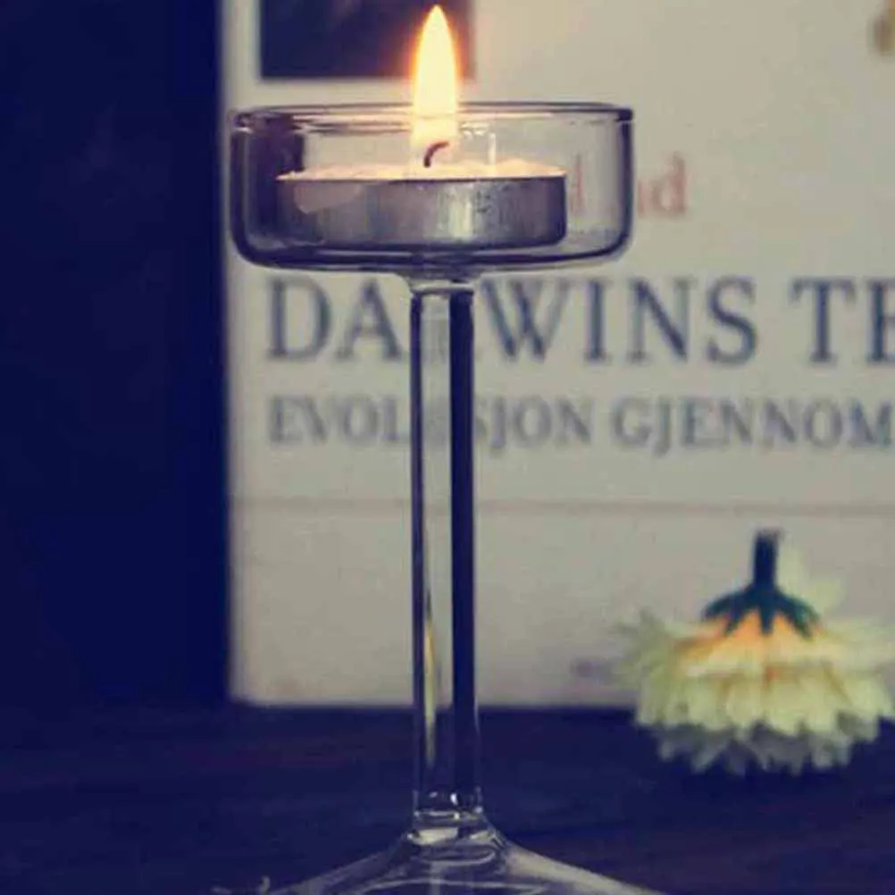 18.5cm European Style Blown Glass Holder Vintage Goblet Table Candlestick for Home Office Cafe Party Decor Wedding