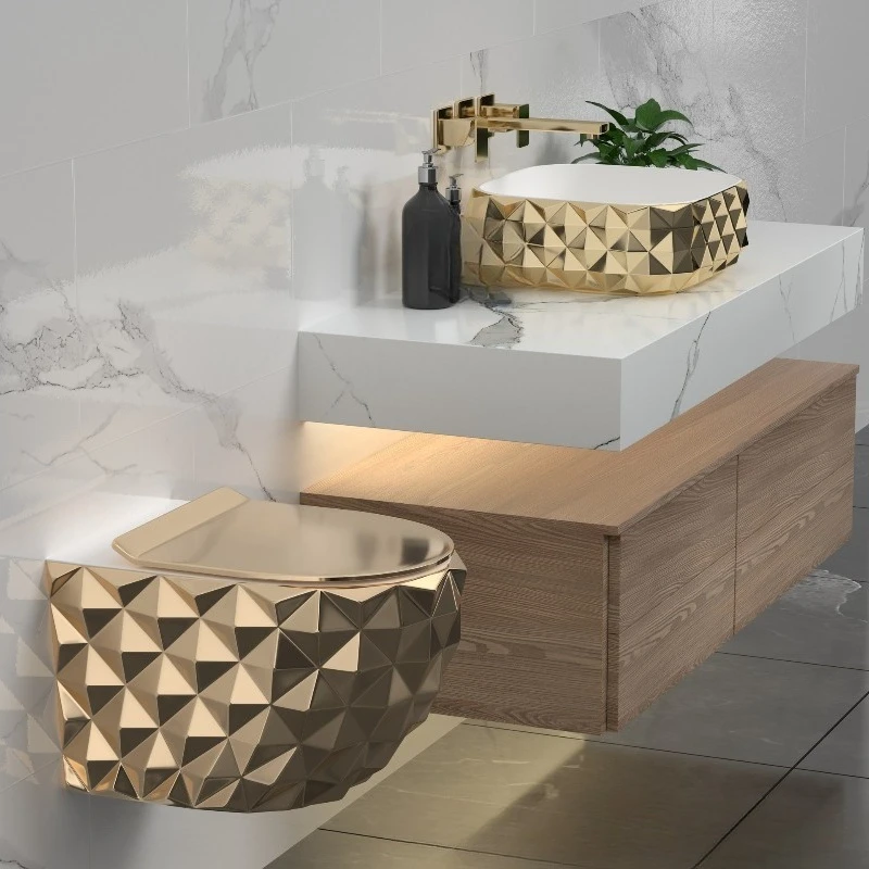 

Hotel bathroom gold hanging toilet villa electroplated ceramic wall hanging toilet diamond pattern hanging toilet