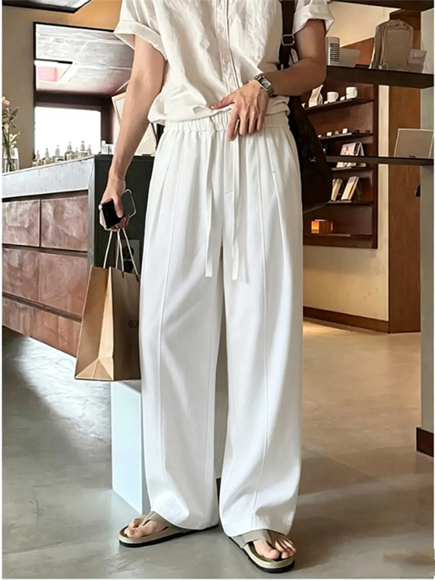 Men's Summer Thin Ice Silk Casual Pants Straight Leg mid Waist Polyester Fiber Breathable Comfortable Straight Cut Trousers