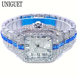 Hot Fashion Full Diamond Watch Men UNIGUET Brand Hip Hop Iced Out Bling Jewelry Square Quartz Wristwatch For Man Dropshipping