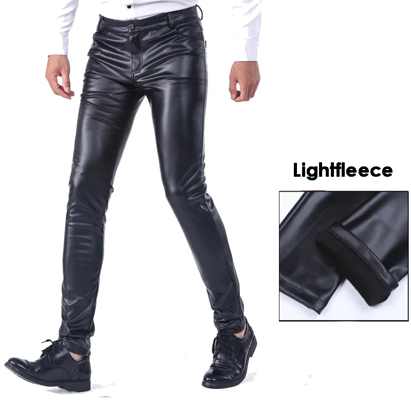 

Men Light Velvet Leather Pants Warm Skinny Fit Elastic Fashion PU Leather Trousers Wet Look Stretch Plush Motorcycle Pants