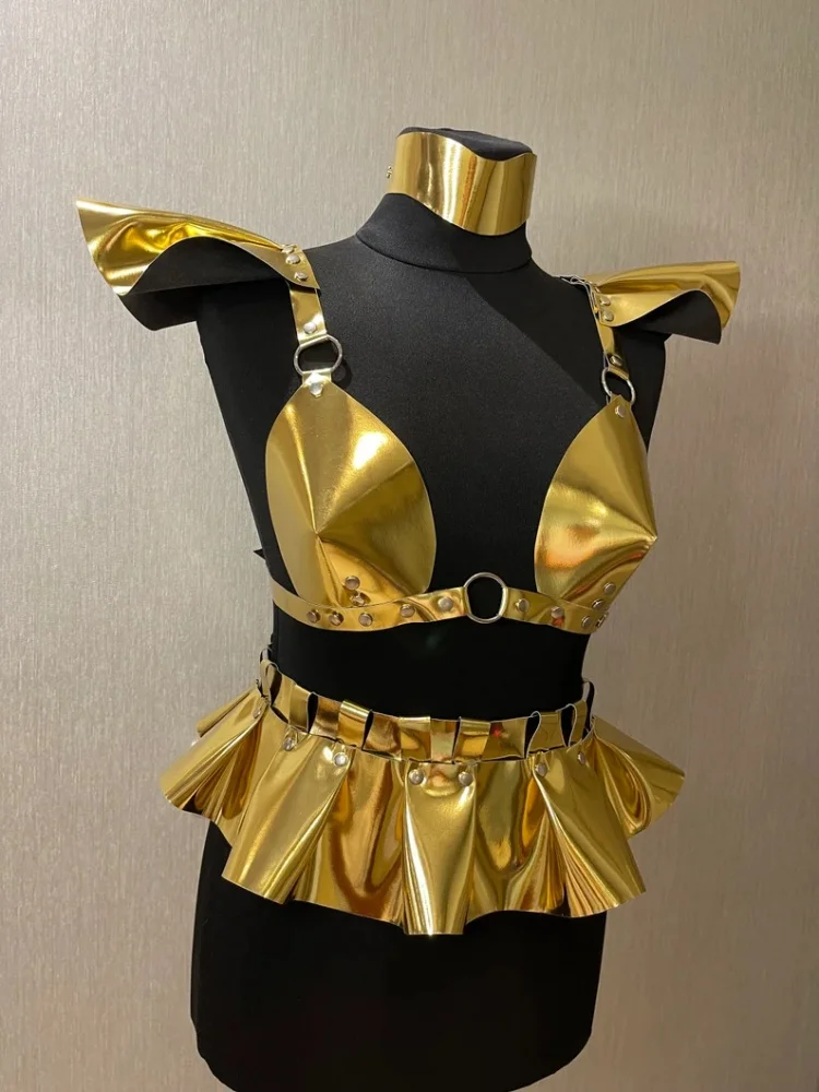 

OA Gold Leather Corset Belt Music Festival Stage Performance Cosplay Lady Fashion Sexy Skirt Ruffle Gothic Belt Dress Costume