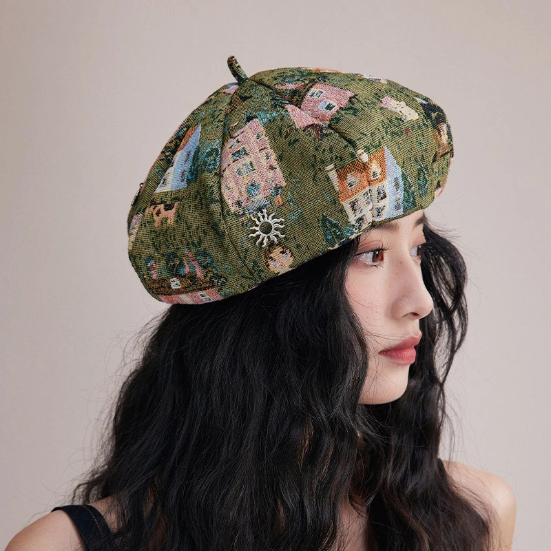 Oil Painting Sun God Art Beret, Exquisite Handmade Pendant, Design Painter Hat, Fashionable Octagonal Cap