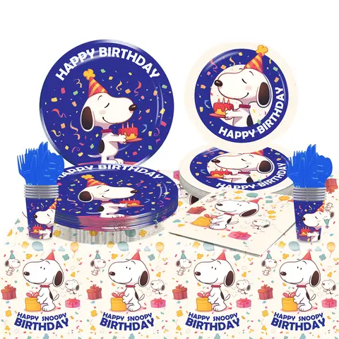 Snoopy – Kit de fournitures de décoration pour fête d'anniversaire, assiettes en papier, gobelets, serviettes, couverts