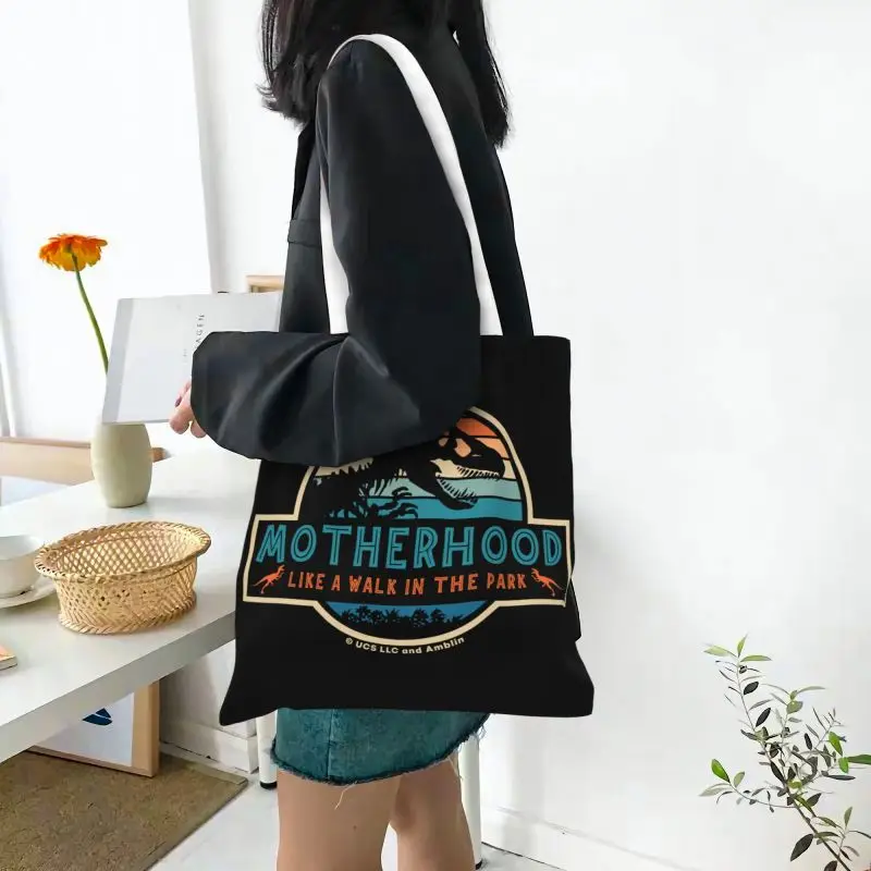 Custom Funny Print Jurassic Park Motherhood Tote Shopping Bag Washable Canvas Shoulder Shopper Horror Movie Handbag