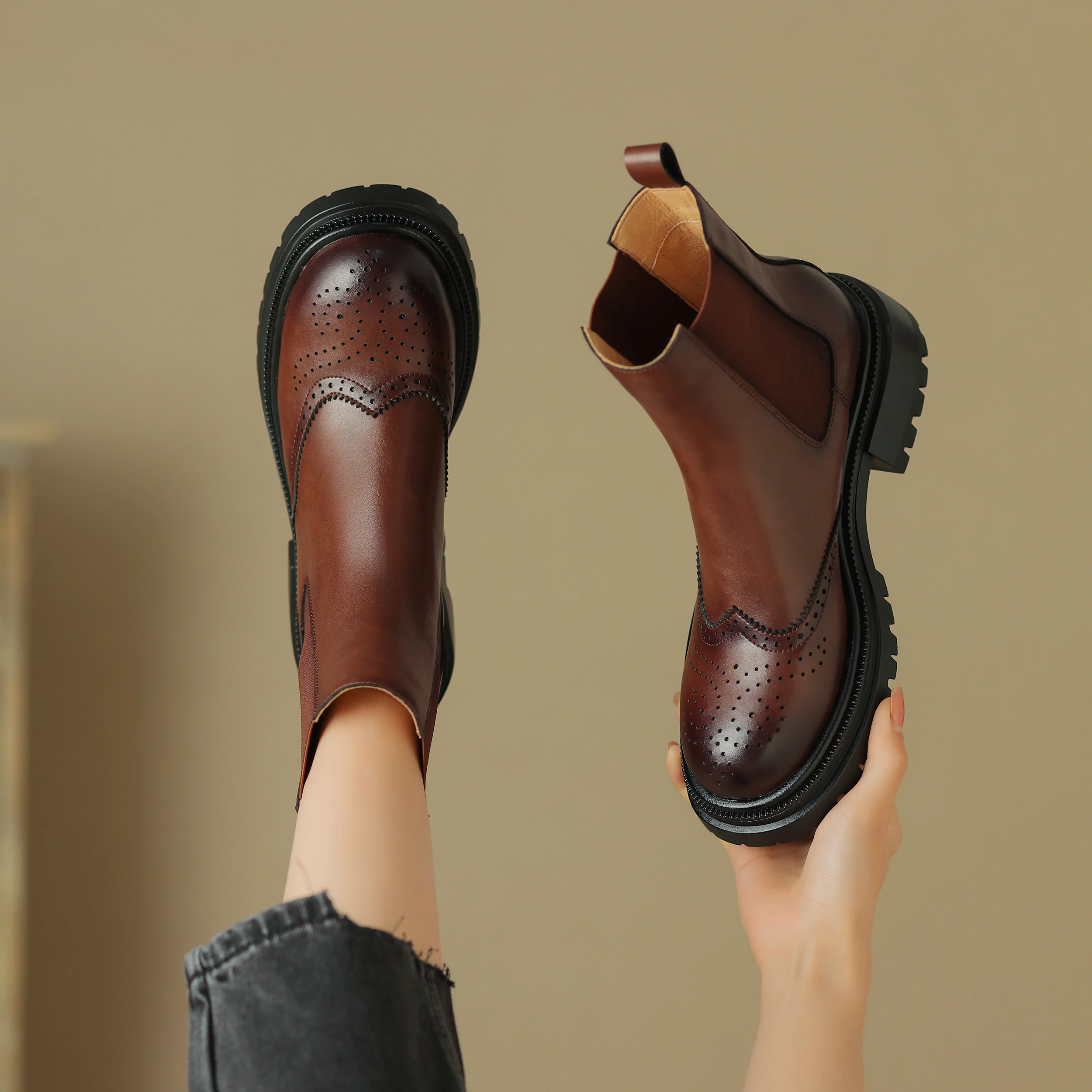 

Handmade Genuine Leather Chelsea Boots Women Elastic Band with Brogue Pattern Ankle boots Large Size Women Shoes Classic Booties