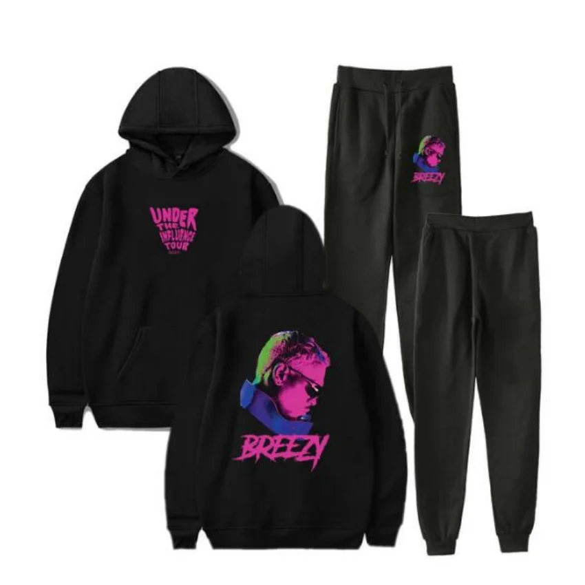 크리스 브라운 언더 임팩트 투어 2023 Breezy Merch 캐주얼 운동복, 2 피스 세트 후드 스웨트셔츠 + 바지 정장 스포츠웨어