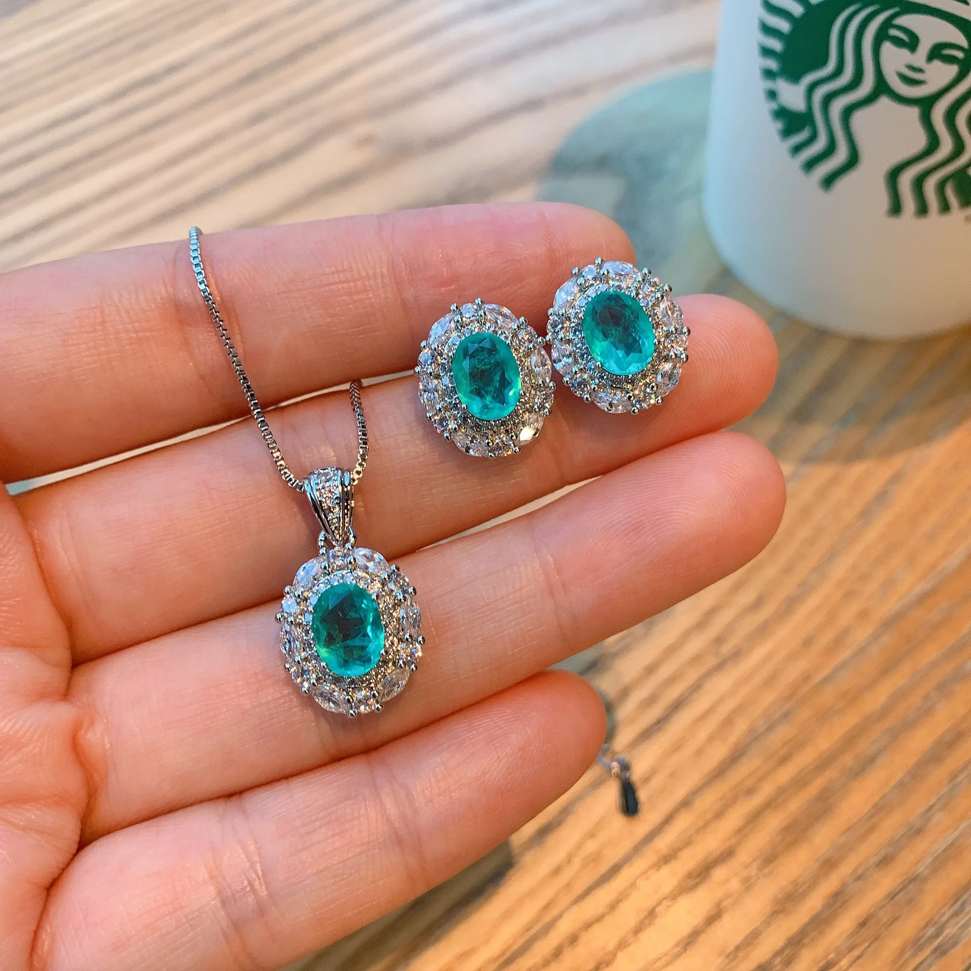 

Simplicity Radiant Teal Oval Gemstone Necklace Earring with Sparkling CZ Surround Perfect Addition To Elevate Any Ensemble Women