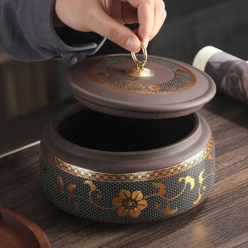 Modern Purple Sand Ceramic Tea Pot Gilded Flower Porcelain Storage Jar Household Candy Coffee Bean Sealed Jar Storage Container