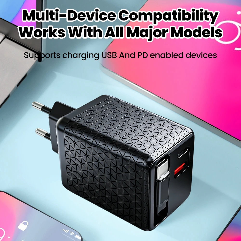 

Зарядное устройство GaN USB-C 65 Вт с выдвижным кабелем для iPhone 16/17, Xiaomi, Samsung, QC3.0, адаптер питания, быстрая зарядка PD