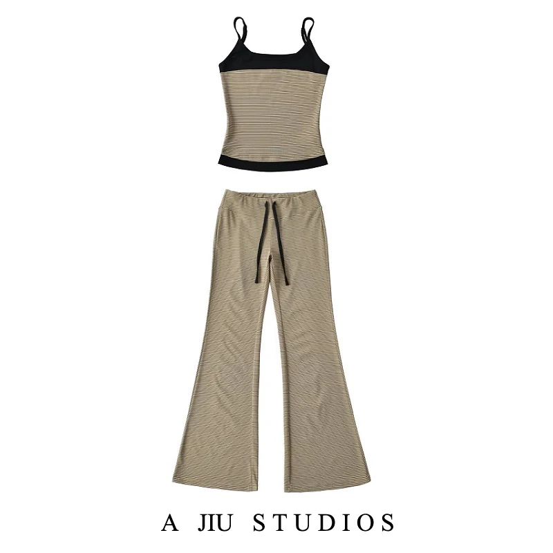 

Сексуальный американский комплект из укороченного топа в полоску и расклешенных брюк с низкой талией, драпированные повседневные длинные брюки для женщин