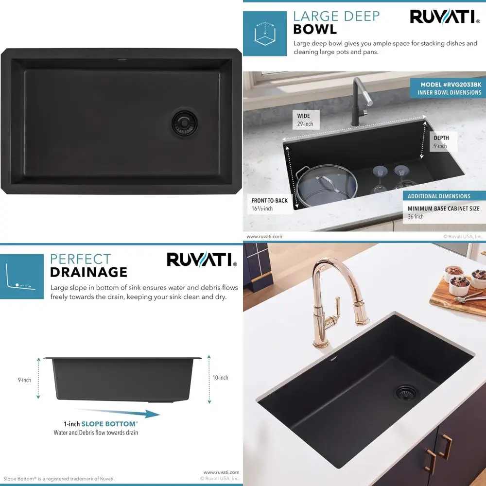 

Ruvati 32x19 Inch Granite Composite Single Bowl Undermount Kitchen Sink in Midnight Black for Modern Style