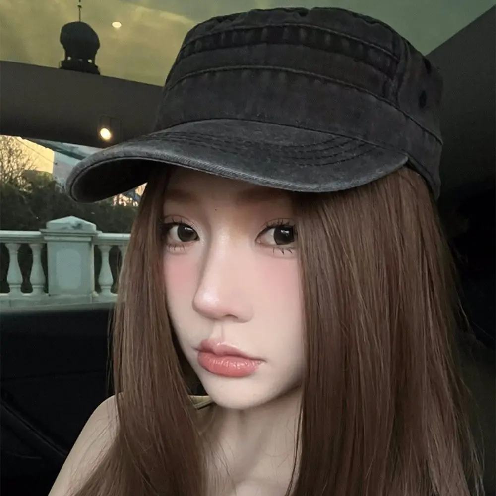 

Casual Vintage Flat Top Hat Y2k Gothic Cadet Cap Washed Cotton Streetwear Visor Hat Outdoor