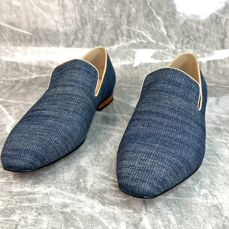 New Fashion Blue Cotton Fabric Loafers High Quality Summer Men Casual Shoes Luxury Mens Dress Shoes Slip Ons Smoking Slippers