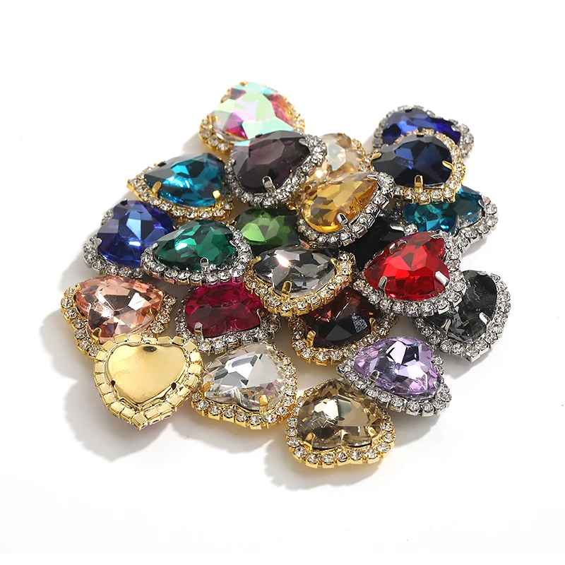 Heart Shape Glass Rhinestones With Claw Sew On Crystal Stone Metal Base Buckle For Clothes Strass Diamond Sewn Rhinestones