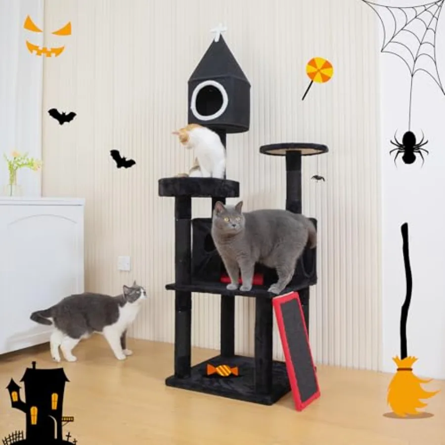 

64 Gothic Cat Tree with Coffin Bed Multi-Level Tall Black Cat Tower Cats with Top Perch Spacious Condos Spider Hanging Balls Sc