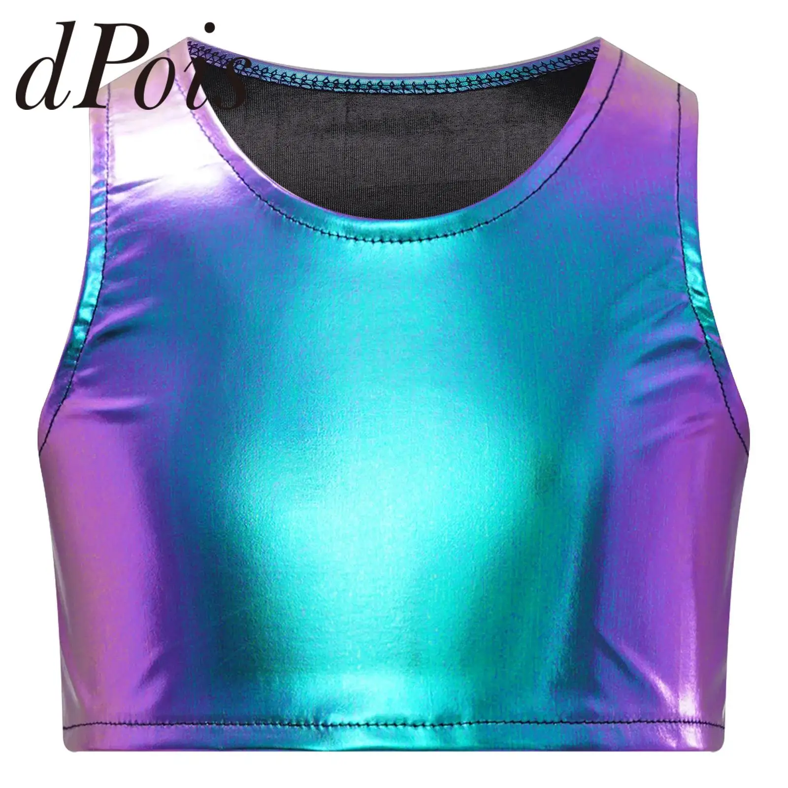 

Fashion Children Jazz Dance Hiphop Clothes Kids Girls Metallic Sleeveless Crop Tank Top Vest Cheerleading Costume Streetwear