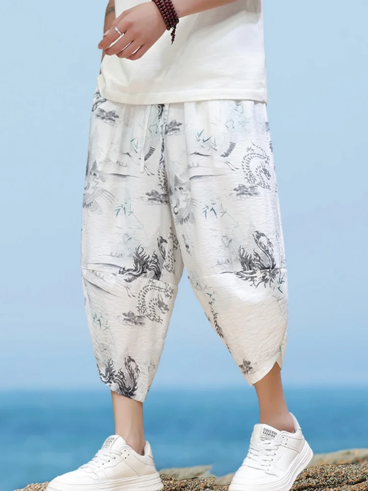 

Новые китайские летние мужские брюки из ледяного шелка, тонкие, быстросохнущие, с принтом в национальном стиле, фасона «фонарики», спортивные...