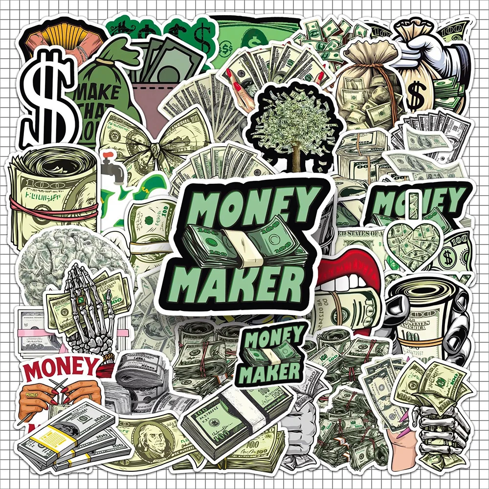 10/30/50pcs Cool Money Series Cartoon Stickers Dollar Decals Graffiti Notebook Suitcase Phone Funny Decoration Sticker Toys Gift