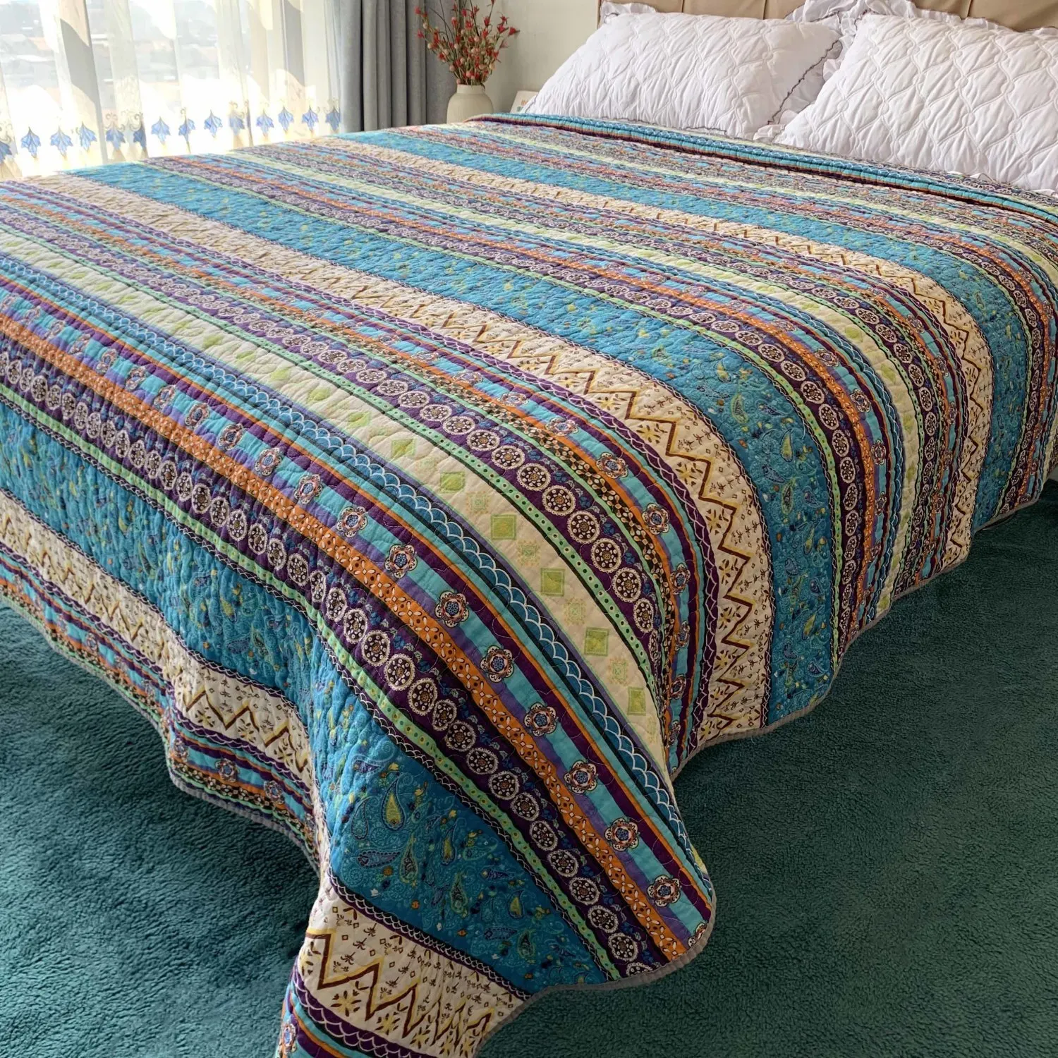 Bohemian Striped Quilted Bedspread Soft Reversible Coverlet Lightweight Breathable Bedding For Bedroom Guest Room King Queen