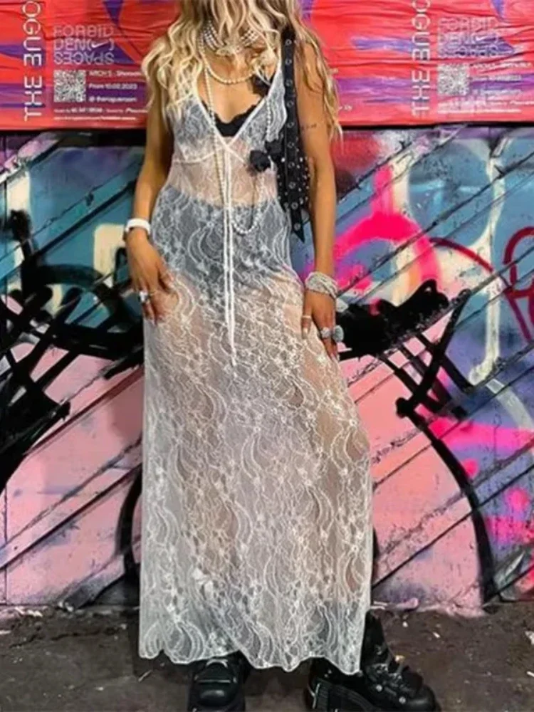 Y2k Sexy Lace See Through Tank Women Dress Floral Sheer Sleeveless V Neck Long Dress Streetwear Fashion Party Dresses
