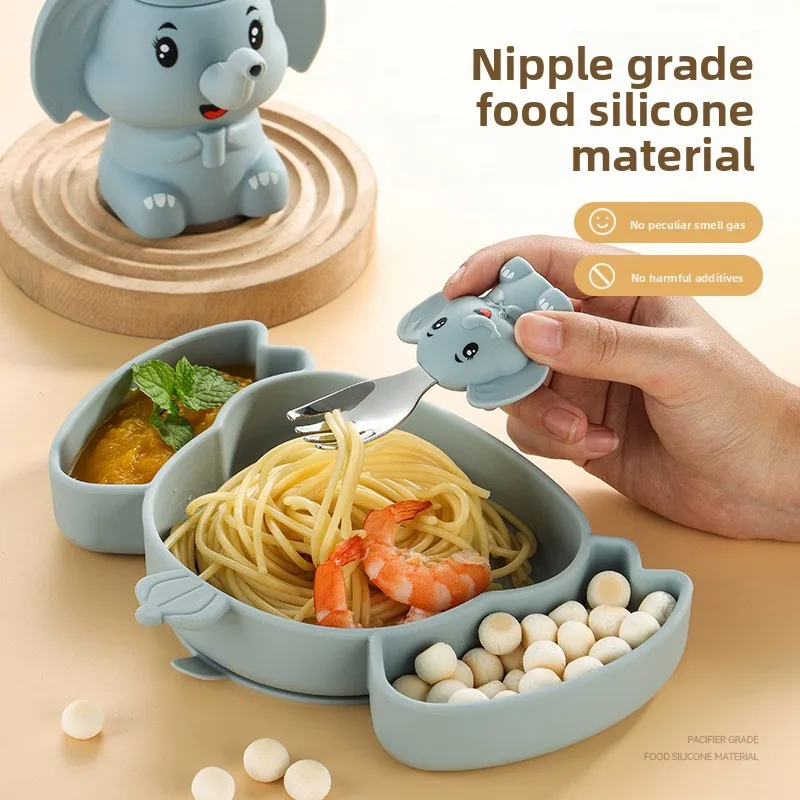 Cartoon Elephant Silicone Baby Plate Set, Food Grade Toddler Feeding Tableware, Infant Complementary Food Dish for Kids