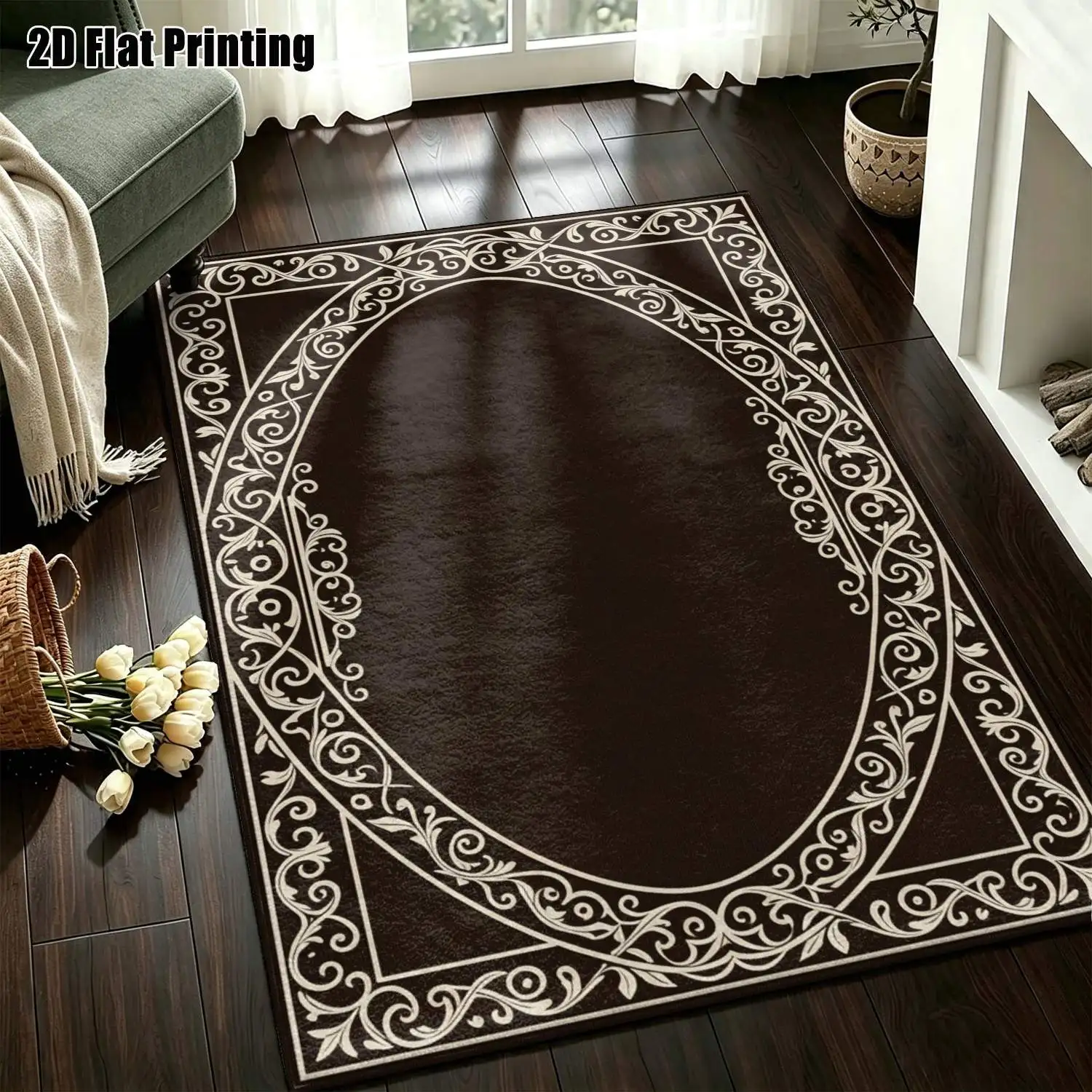 1Pc 2D Printed Retro Scroll Flower Carpet, Deep Brown & Beige, Modern Minimalist, Machine Washable, Multi-Size, Home Decor Mat for Entrance/Dining/Living/Bedroom Etc