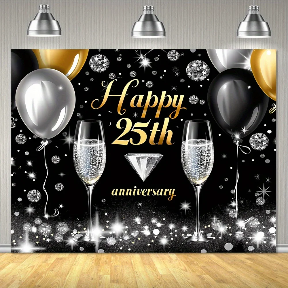 Happy 25th Anniversary Banner,Polyester wedding and anniversary party decor,black and silver background, no electricity required