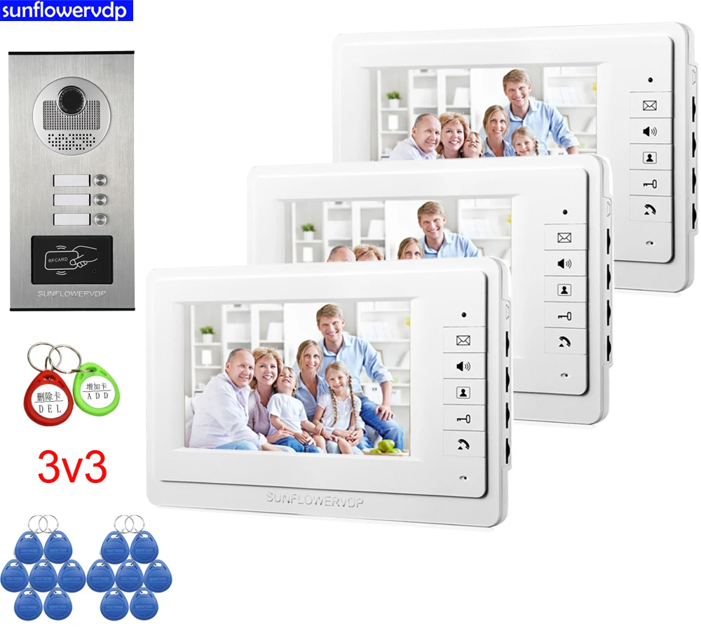 

Rfid 3 Lines Home Video Door Phone Security Call 3 Buttons Door Intercoms System Color 7” Monitors Doorbell Doorman Full Kit