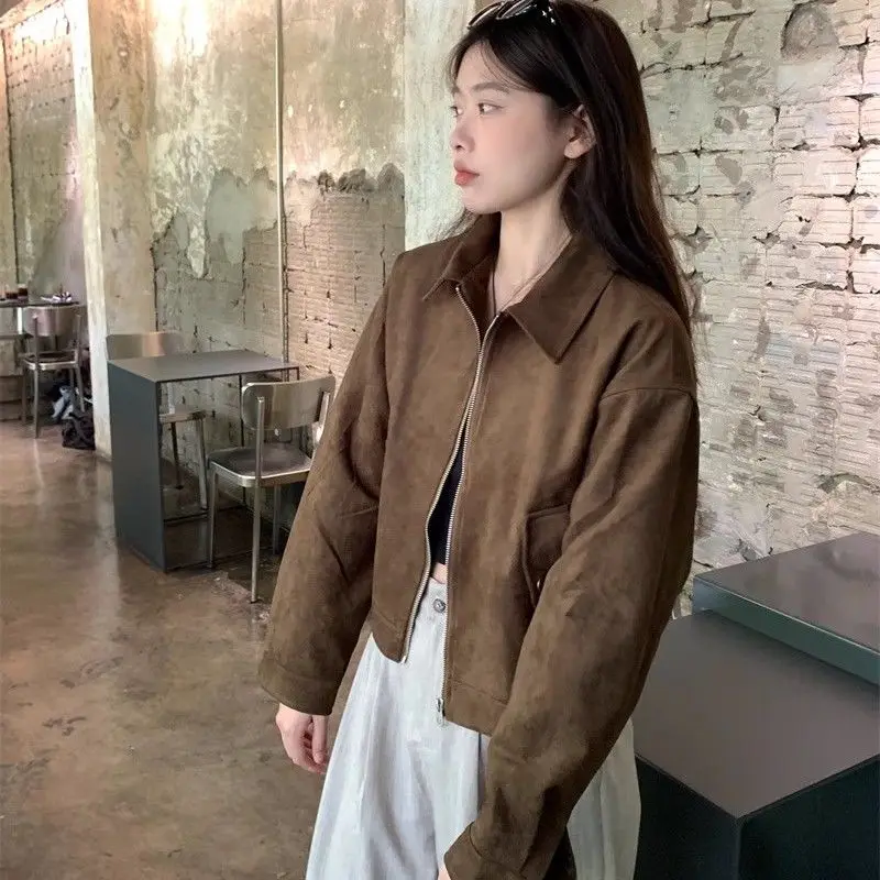 2026 Spring and Autumn Female Brown Imitation Suede Short Coat Women's Short Zipper Lapel American Retro Small Jacket Outside