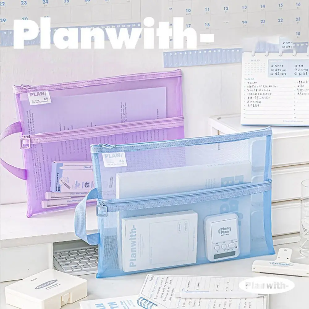 Multifunctional Mesh Zipper Pouch Solid Color Large Capacity File Folder Bag Transparent Nylon Stationery Organizer Pouch