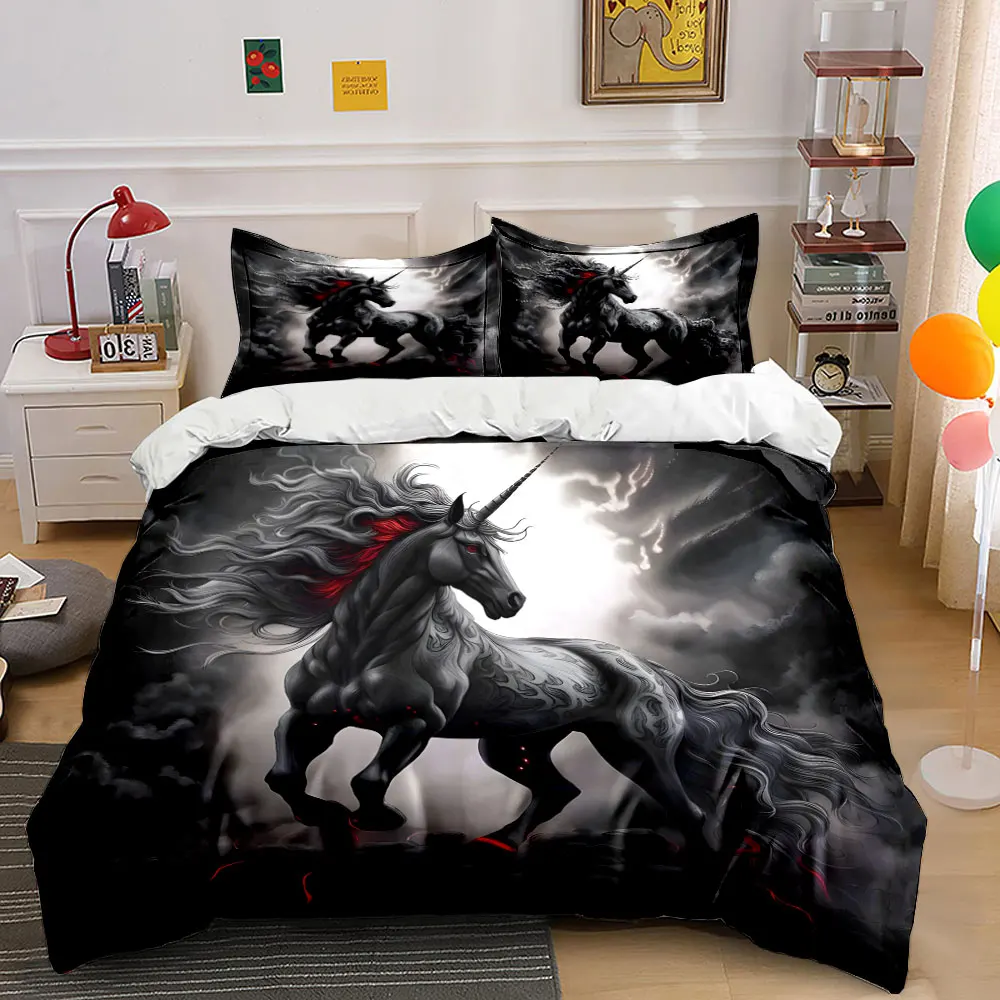 Black Unicorn Fantasy Design Print Bedding Set 1 Duvet Cover 2 Pillowcases for Adult and Children Luxury Gift Full Size
