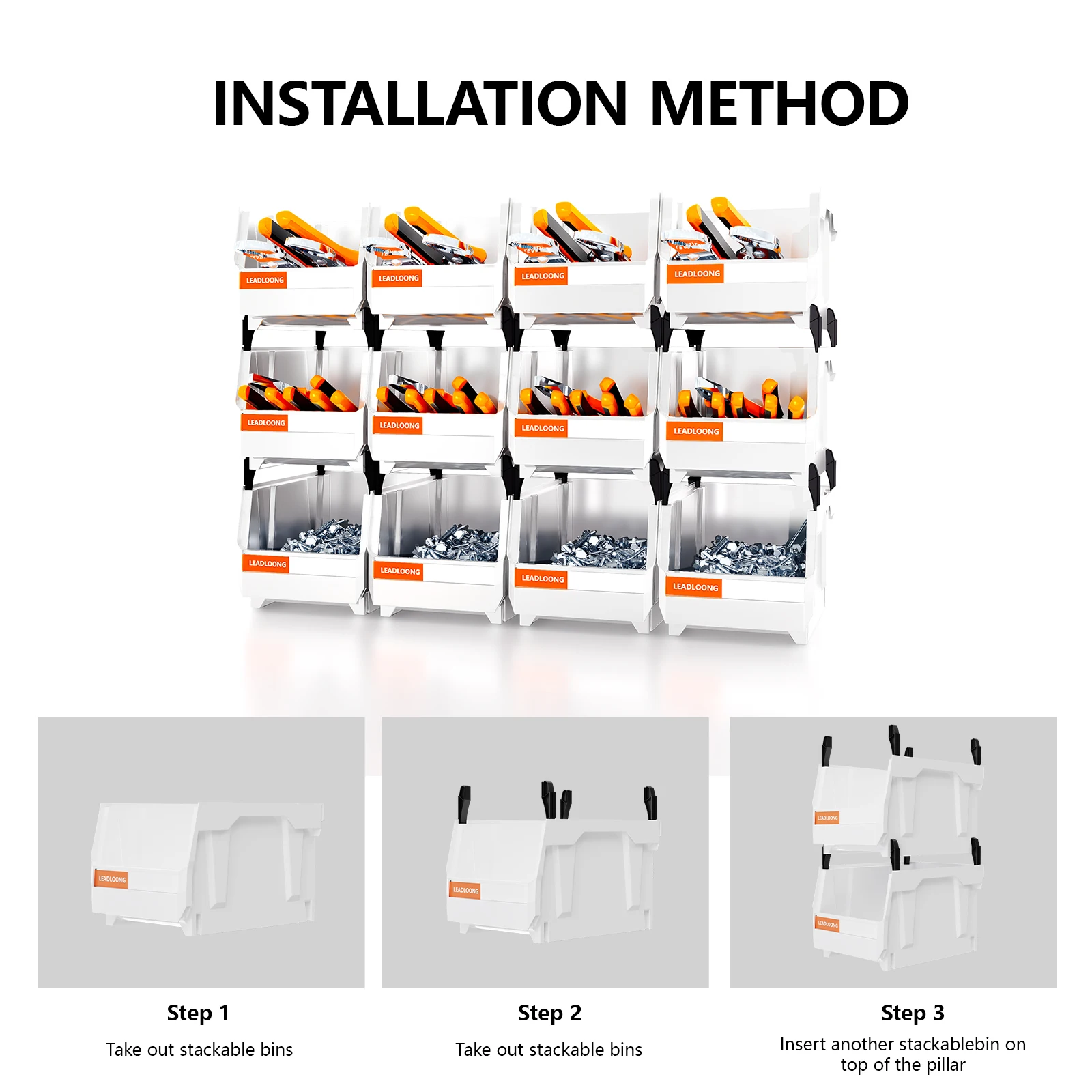 V2 12Pcs 8"x5"x4" Part Bins - Sundries & Tool Organizer Boxes - Stackable Storage for Office Desks, Car Accessories & Workshops