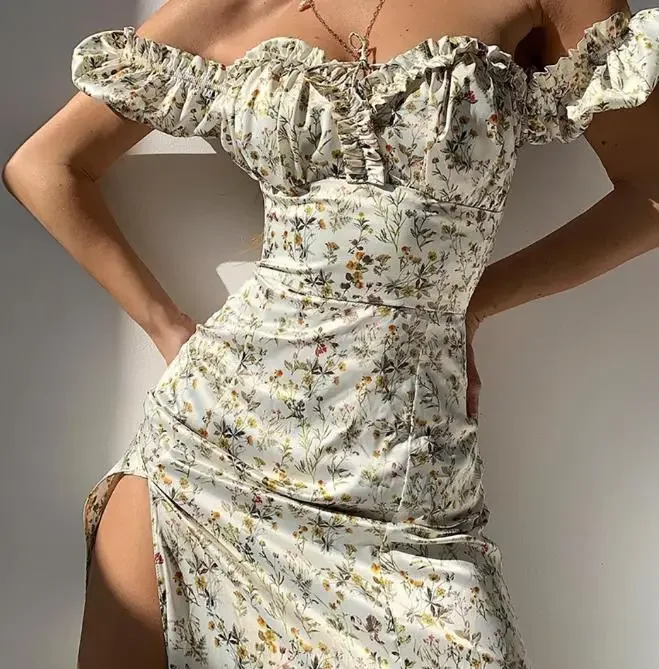 

Women's Elegant Dress 2023 Summer New Ins Tube Top Puff Sleeves Elegant Slim Floral One Shoulder Sexy Slit High Waist Dress Y2K