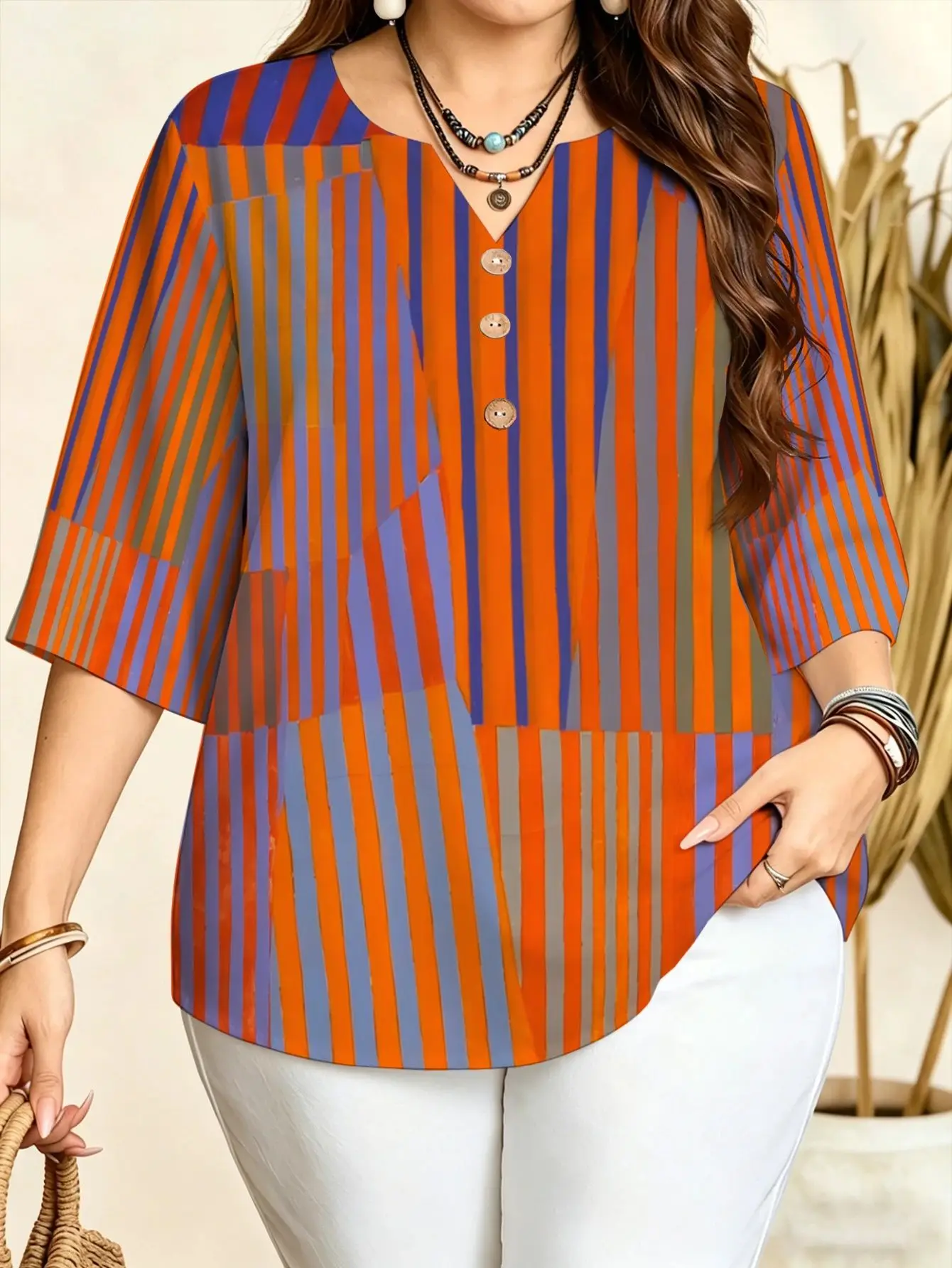 5 Styles Floral Animal Leopard Damask Plant Print Blouses Notch V Neck 3/4 Sleeve Daily Shirts