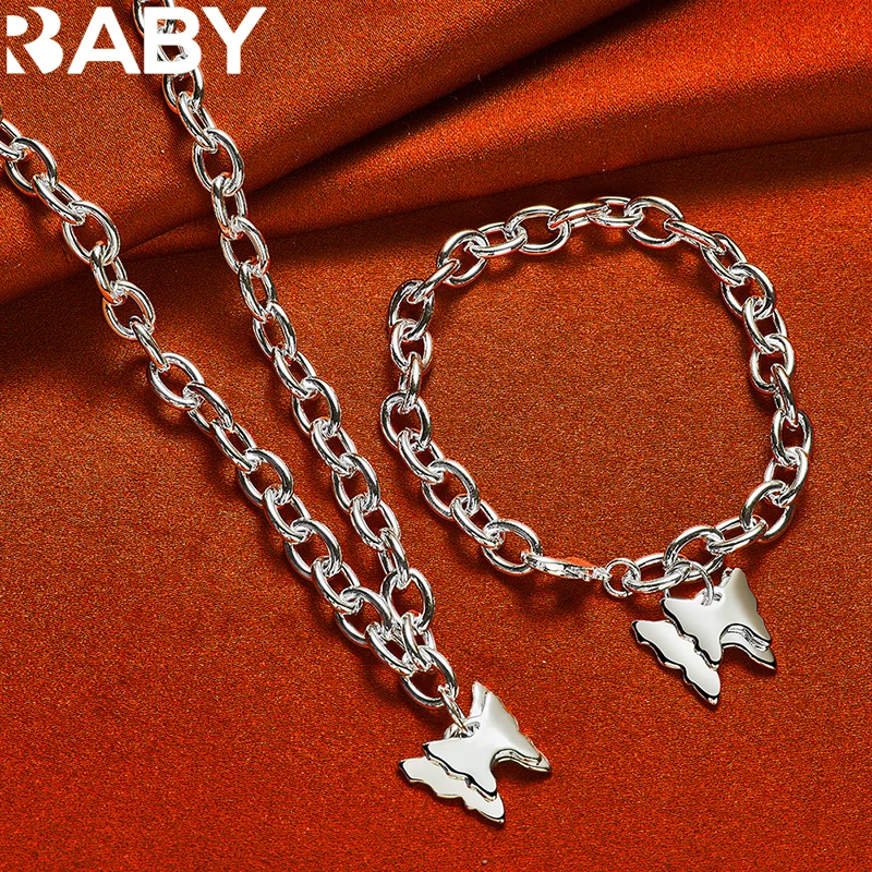 

URBABY 925 Sterling Silver Double Butterfly Pendant Necklace Bracelet Set For Women Man Charms Fashion Jewelry Accessories
