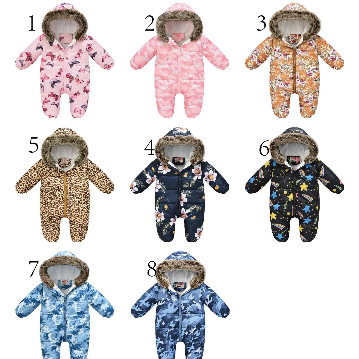 0-3 years old baby crawler cotton-padded jacket multi-color printed with fur collar cute men and baby onesie casual crawler 2024