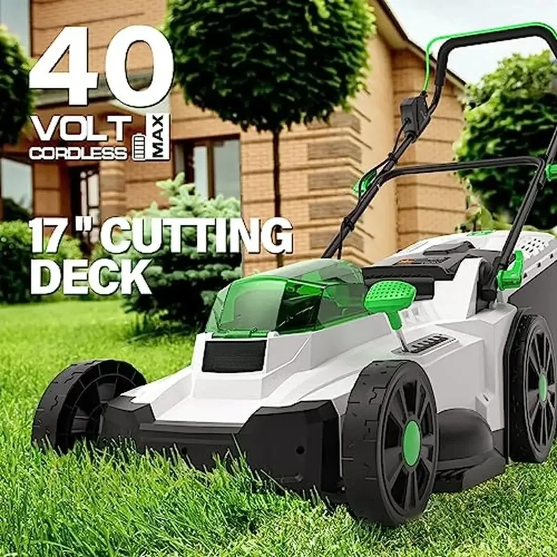 Cordless Electric Lawn Mower 17 Inch Brushless Steel Deck 40V 2-in-1 Height Adjustment Batteries 6-Position Grass Collection Bag