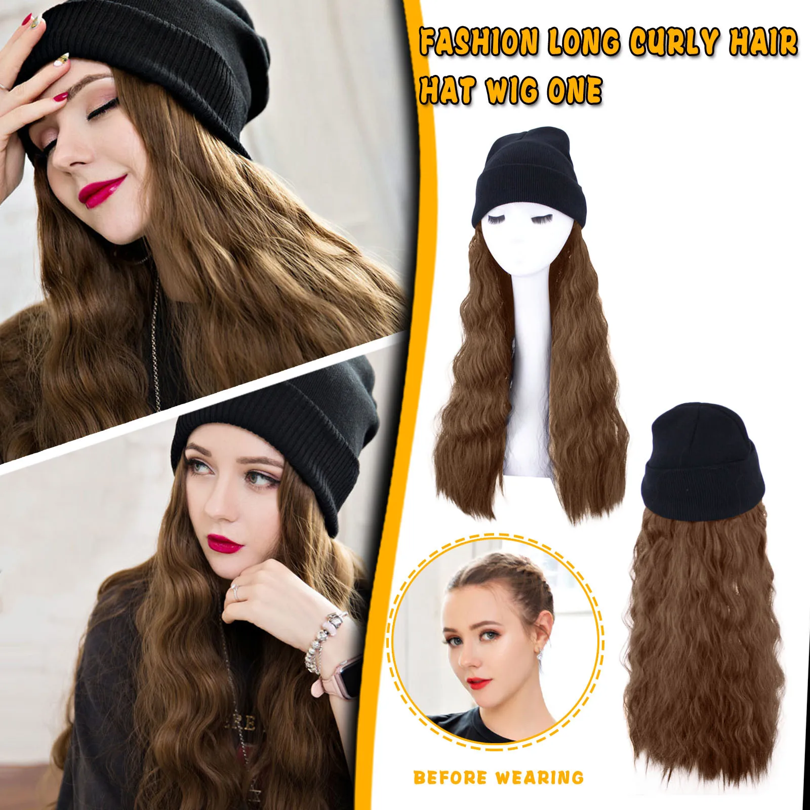 Autumn Winter Hat Wigs Women Beret Wigs Synthetic Hair Extensions Hat with Hair Wigs For Women 25inch Long Wavy Hair Naturally