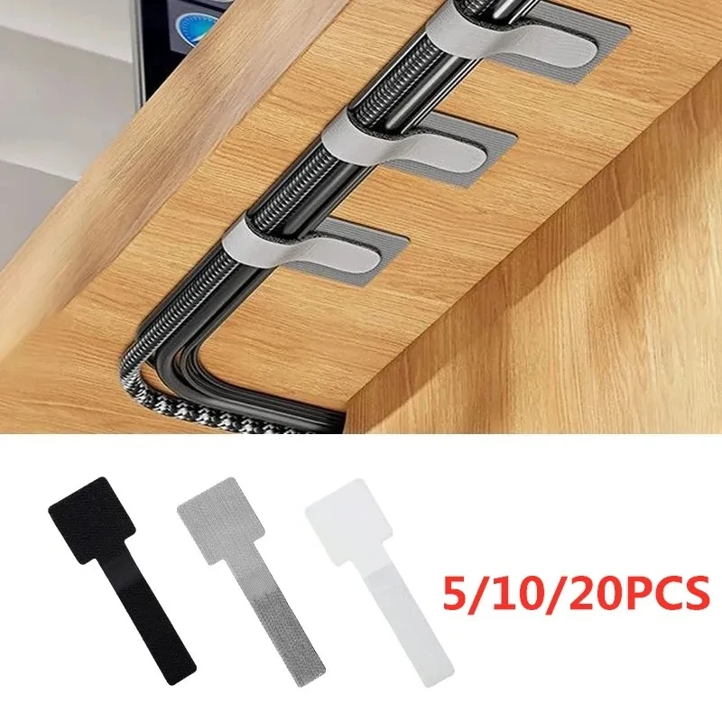 20/5pcs Cable Ties Reusable Cable Organizer Cord Rope Holder Self Adhesive Adjustable Cord Organizer Straps Desk Management Clip