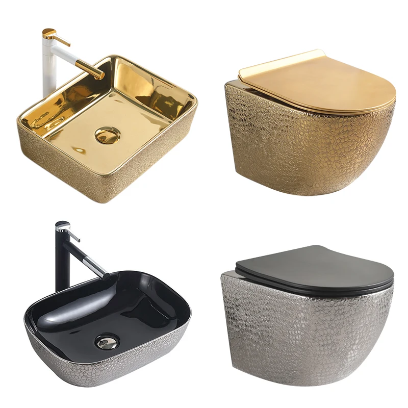 Bathroom Deluxe Wall Mounted Toilet Combo Sink Basin, Gold Toilet & Sink Set