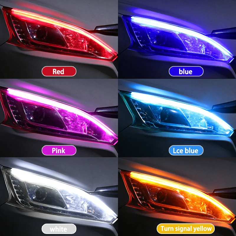 2Pcs Car Universal DRL Flexible Waterproof Headlight LED Strip Universal Auto Headlight RGB Turn Signal Yellow Brake Flow Lights