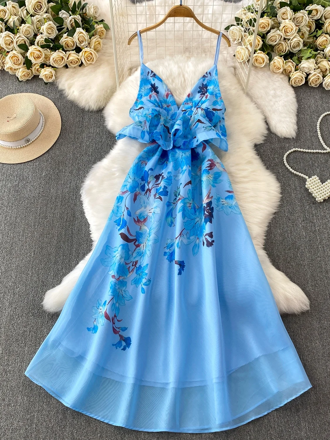 

Пляжная юбка-трапеция с V-образным вырезом и принтом, без рукавов, с высокой талией, удобная посадка, для женщин