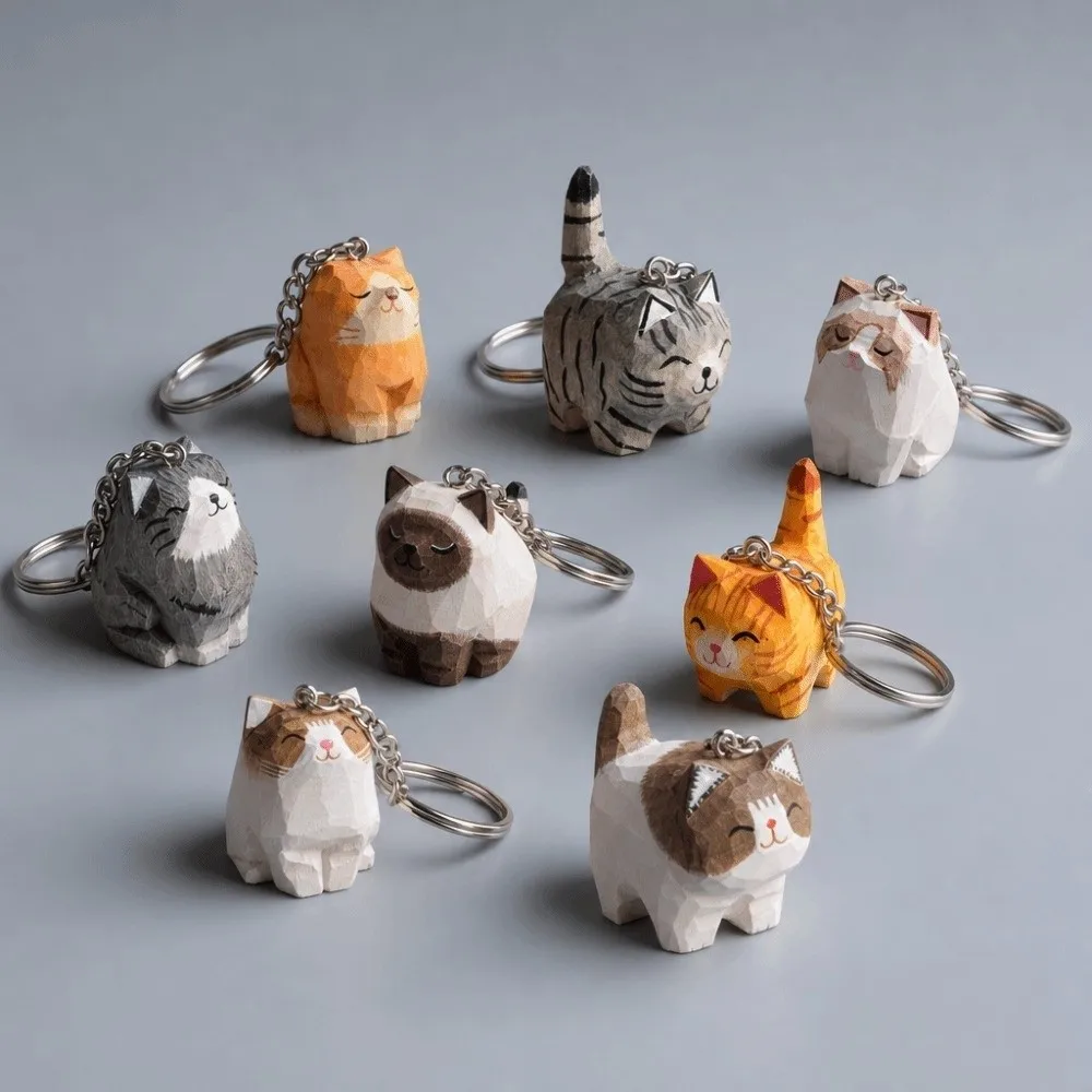 Handmade Wooden Carving Cat Keychain Creative Cartoon Ragdoll Cat Pendant Cute Fashion Siamese Cat Keyring Hanging Accessory