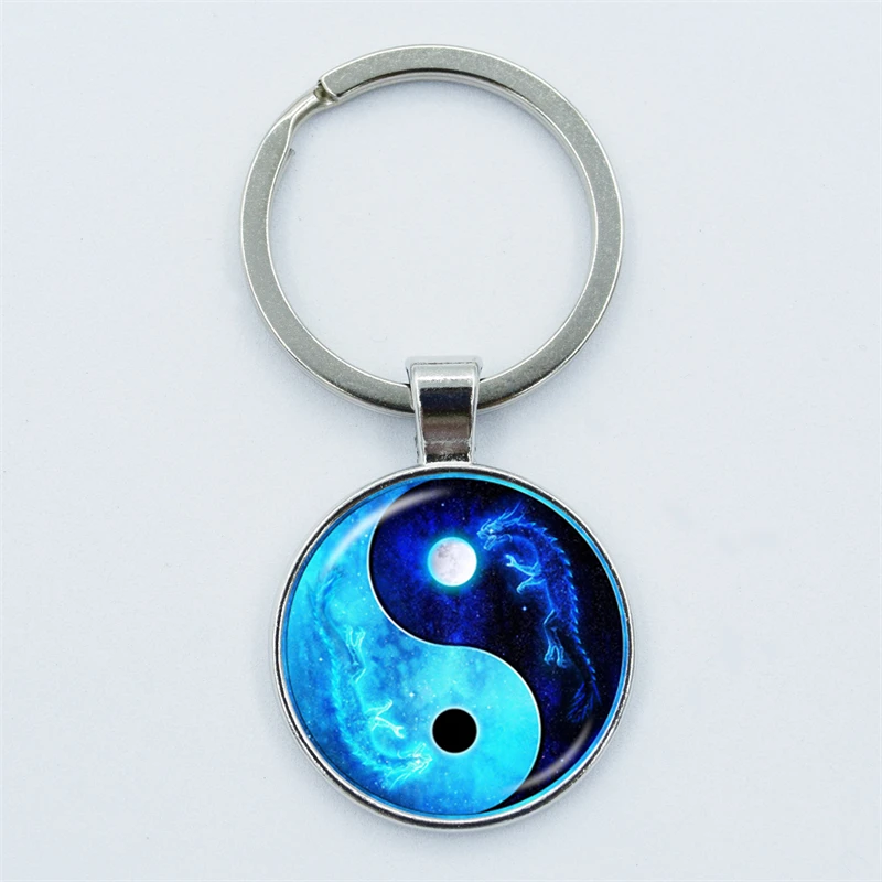 يين يانغ تاي تشي رمز المفاتيح Charms الزجاج كابوشون مجوهرات لطيف حقيبة قلادة المفاتيح ل مفاتيح السيارة حلقة رئيسية هدية
