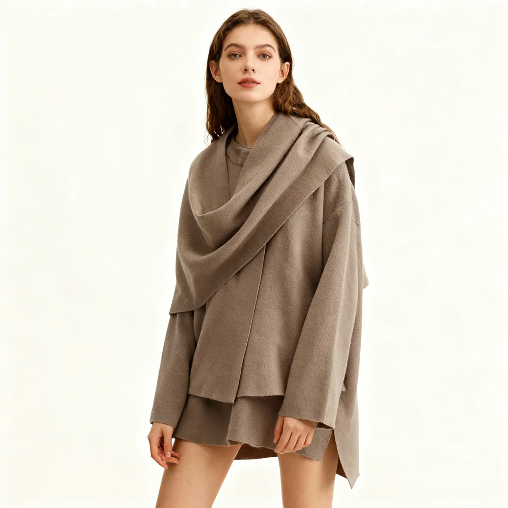PRINTKAOIR Ladies Autumn Winter Jacket Women Casual Commuter Coat Knitted Loose Oversize Coat Asymmetric Split Chic Scarf Jacket