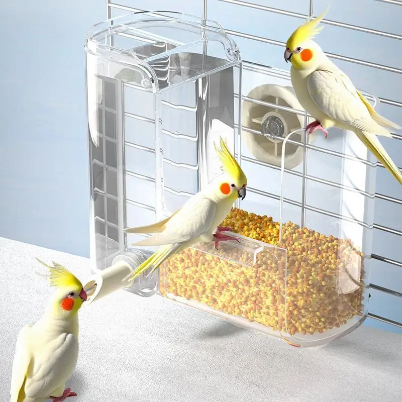 〔R〕Hängender Vogelfutterspender mit Tränke – Transparenter, abfallfreier Futterspender aus Acryl für Papageienkäfige
